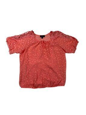 BCX Womens Coral Polka Dot Lace Shoulder Blouse XL Sheer Short Sleeve Top